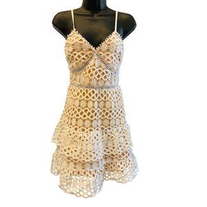 Lulus womens mini dress white open work with nude lining